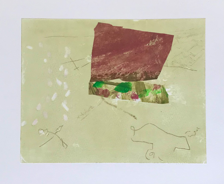 <em>Walk for an Hour-Close and Still Day 2022, monoprint with drypoint & chine colle, 15 x 19cm</em>