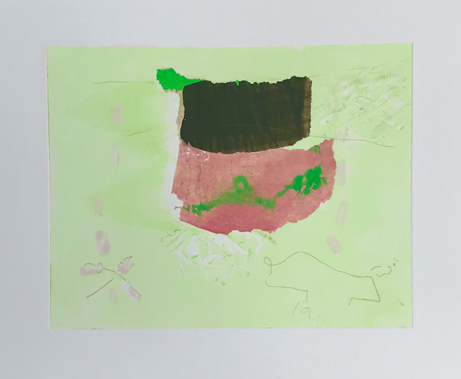 <em>Walk for an Hour-Dazzled by Green 2022, monoprint with drypoint & chine colle, 15 x 19cm</em>