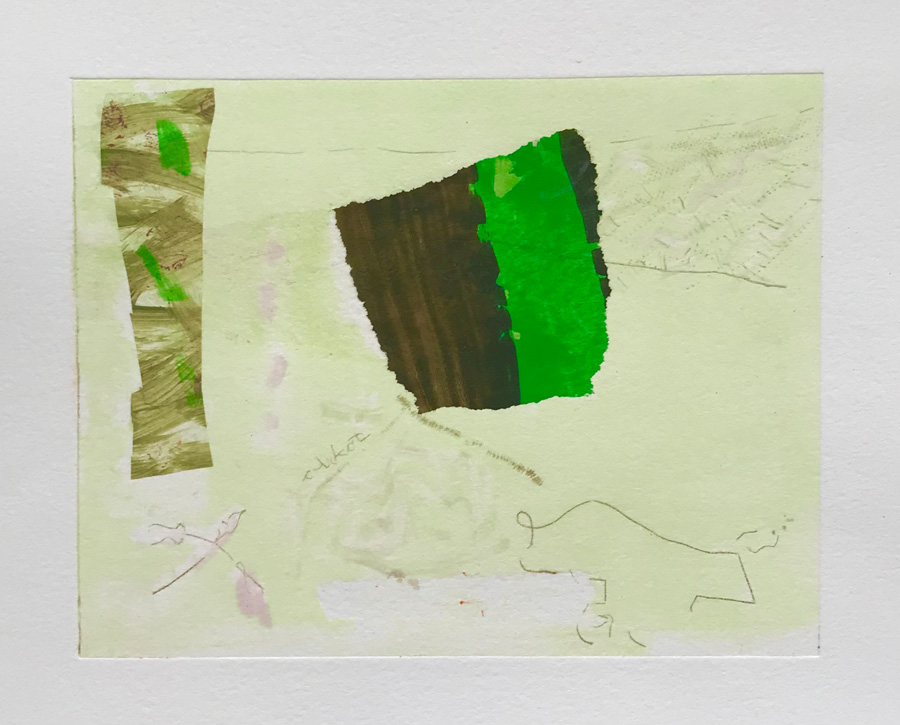 <em>Walk for an Hour-Electric Green 2022, monoprint with drypoint & chine colle, 15 x 19cm</em>