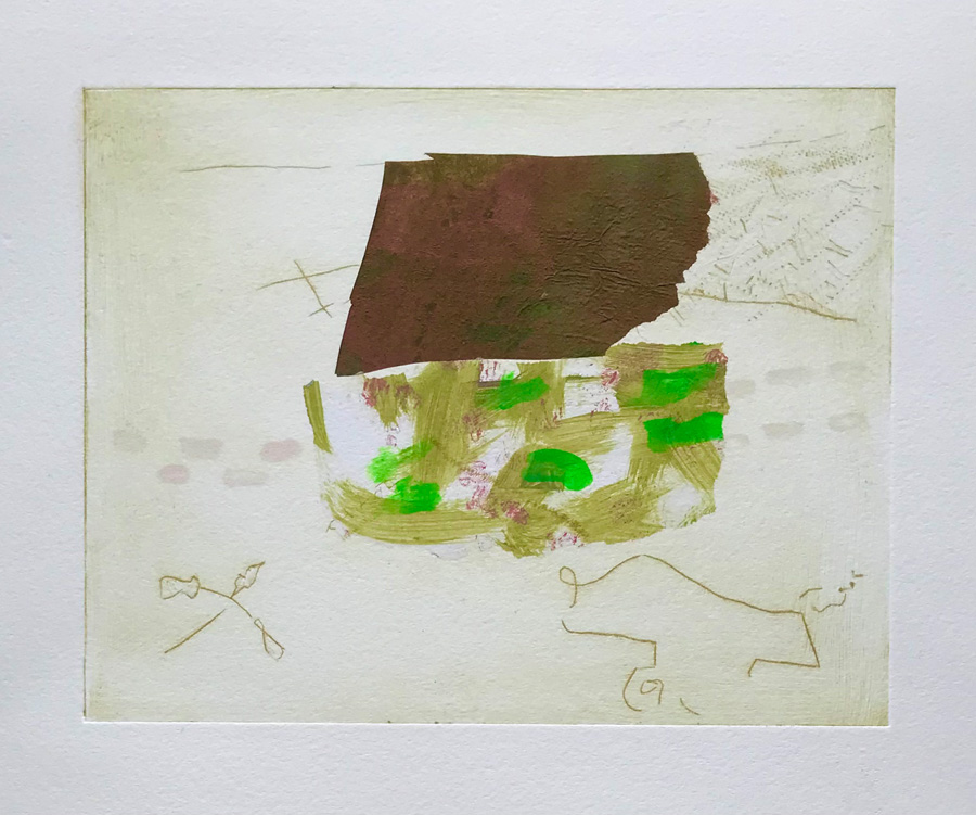 <em>Walk for an Hour-First Cuckoo Call 2022, monoprint with drypoint & chine colle, 15 x 19cm</em>
