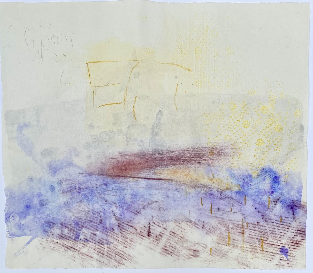 <em>Cornflower Morning - 2025, gouache & mixed media on paper, 33 x 39cm</em>