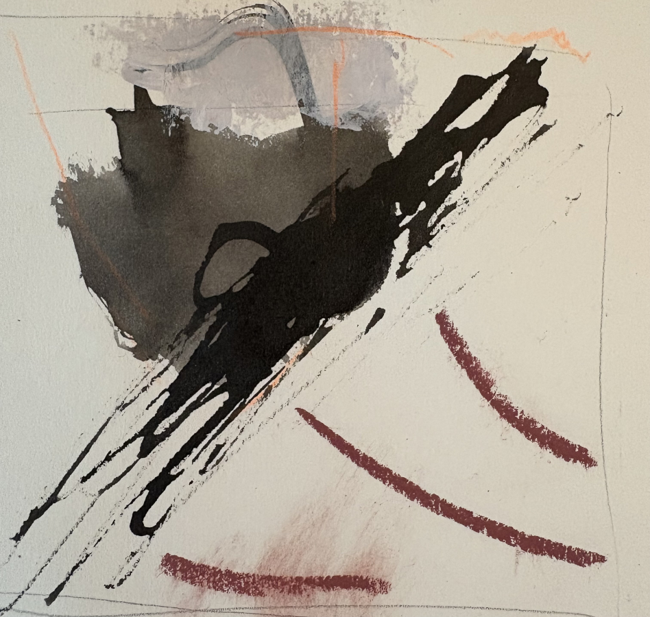 <em>Lilac Black 2 - 2025, acrylic ink, pastel & pencil on paper, 10.5 x 11.5cm</em>